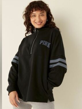 Victoria's Secret PINK Half Zip Sweatshirt Varsity Logo Dark Gray size: large